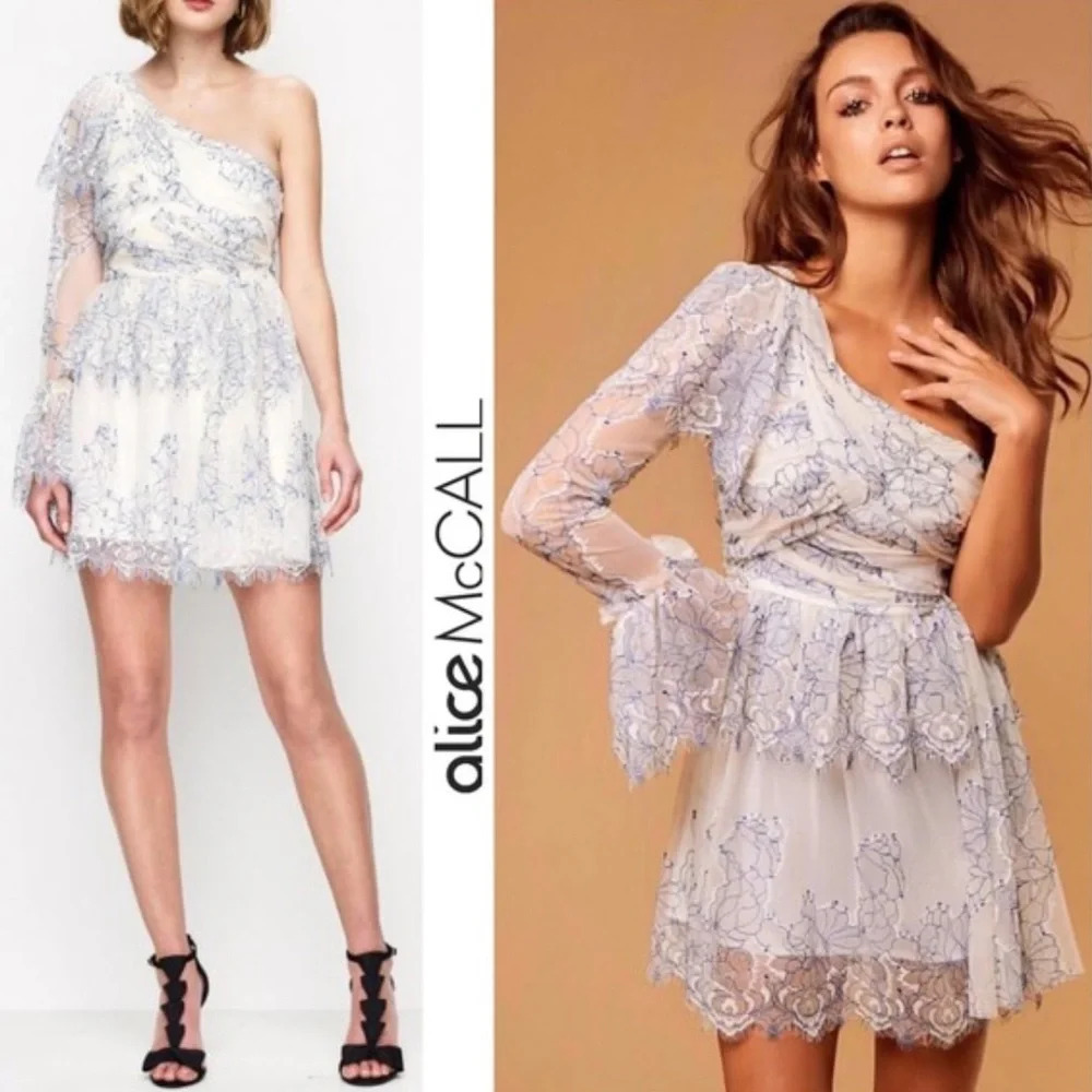 ALICE MCCALL || Isn’t She Lovely Blue and Cream Lace One Shoulder Mini Dress 2 - Picture 6 of 13